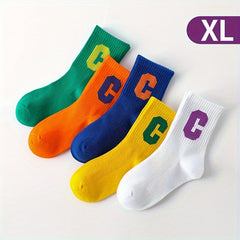 5 Pairs Unisex Kid's Solid Letter Crew Socks Soft Breathable Casual Socks