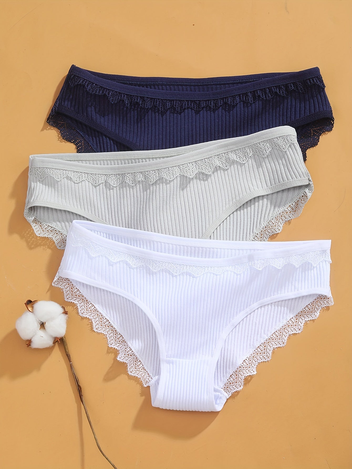 3pcs Lace Trim Ribbed Briefs Women's Comfy Intimates Panties