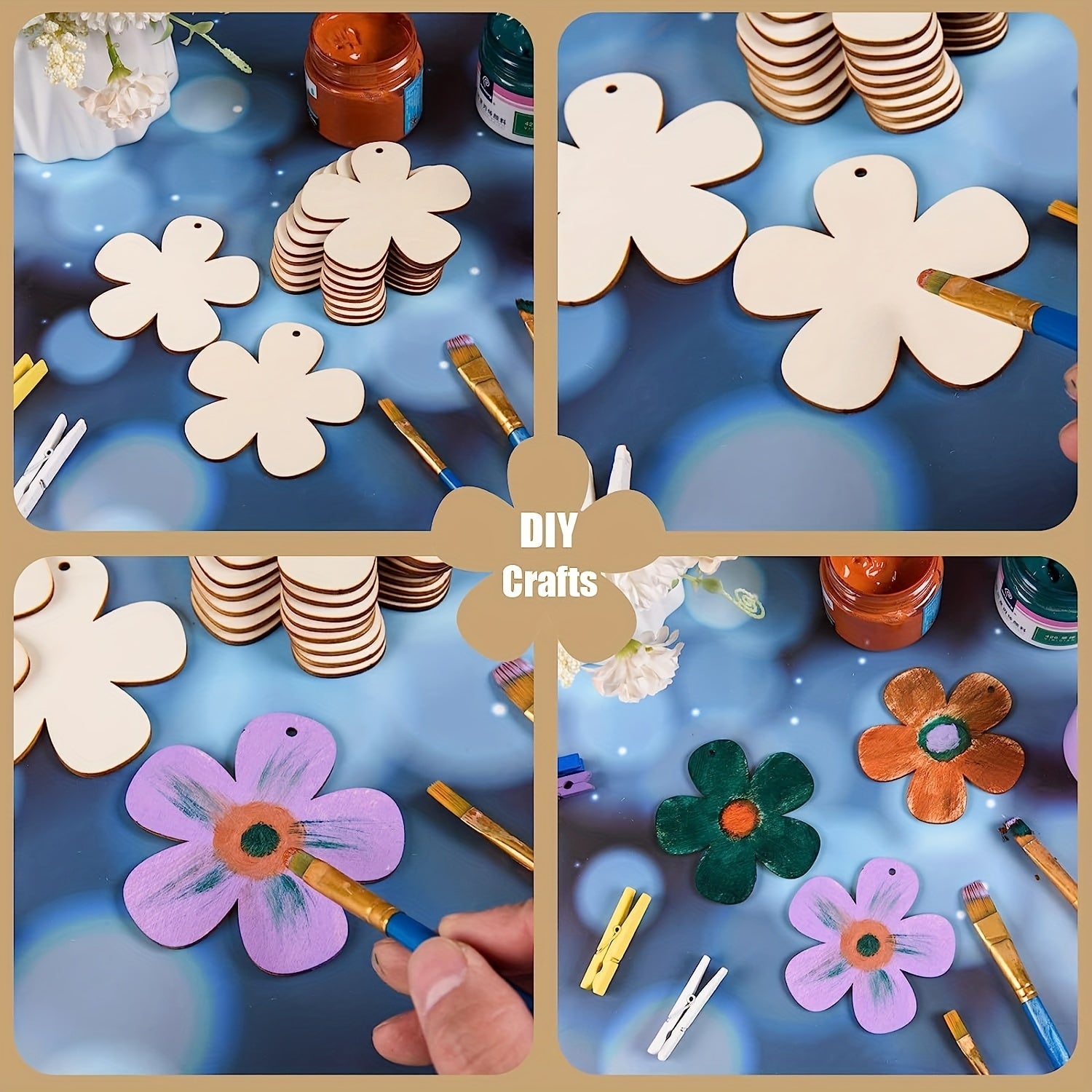 10pcs Wooden Flower Cutouts Ornaments with Twine Kids Painting DIY Crafts
