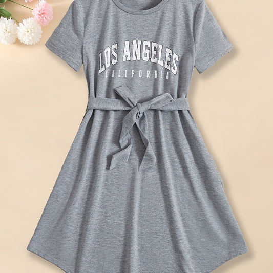 Girls' Short Sleeve T Shirt Dress with Belted Waist