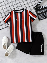 Boys Striped Outfit Short Sleeves Round Neck T shirt & Shorts Casual For Summer