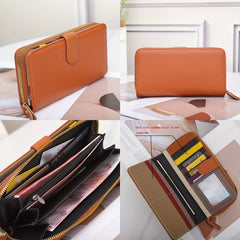 Women's Double Layer Leather Wallet Zippered Phone Holder Light Brown
