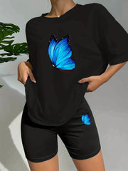 Butterfly Print Lounge Set Short Sleeve Crew Neck Top & Elastic Waistband Shorts