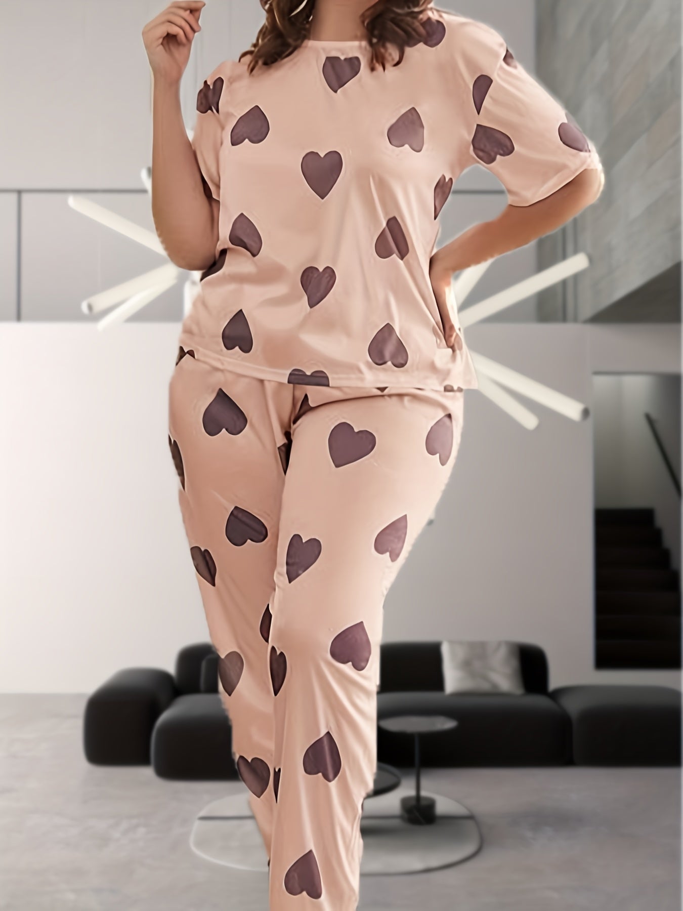 Pajama Set Heart Print Tee & Pants Lounge Two Piece Set