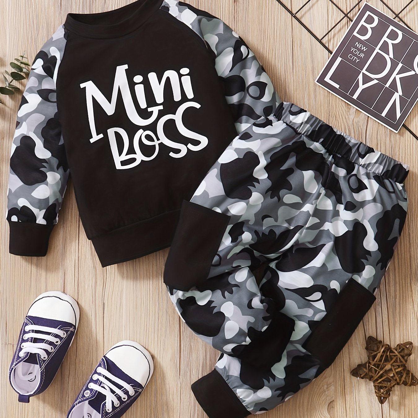 Boys Camo Print Sweatshirt & Sweatpants Set, Spring Autumn Outfit