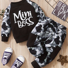 Boys Camo Print Sweatshirt & Sweatpants Set, Spring Autumn Outfit