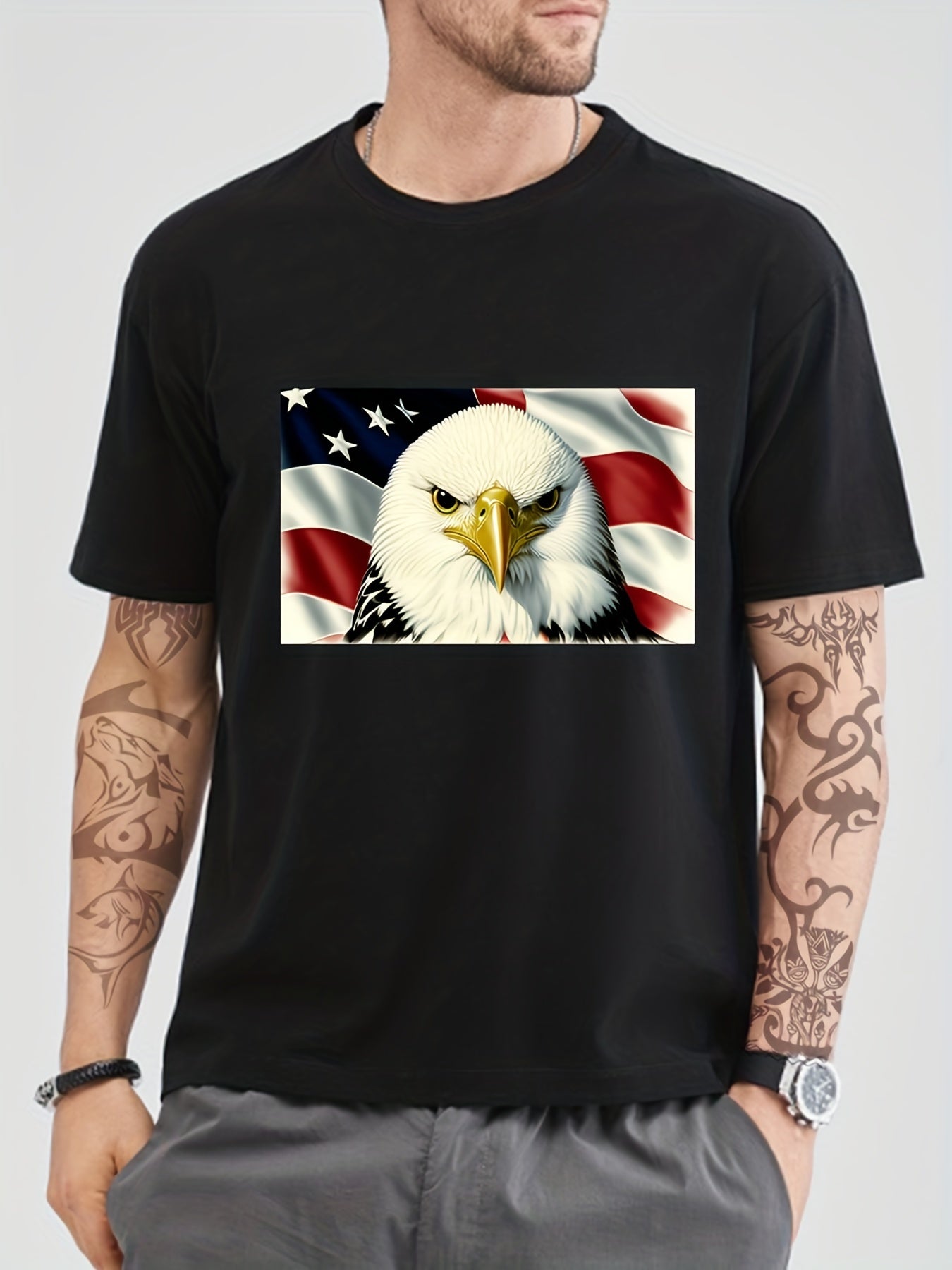 Cotton Eagle & Flag Print Men's Graphic Tee Summer Vacation Casual Top