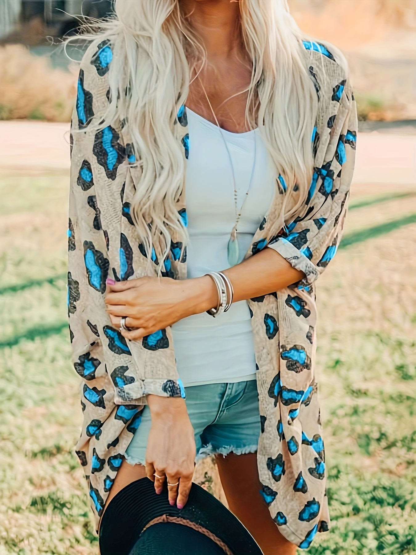 Leopard Print Long Length Open Front Cardigan Fall Winter Coat