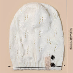Women's Hollow Knit Beanie Hat Button Decor Warm Cap
