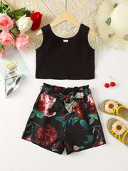 2pcs Toddler Girls Tank Crop Top & Belted Shorts Set