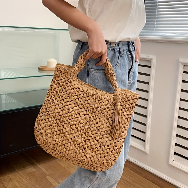 Large Capacity Straw Handbag Lightweight Braided Satchel Bag With Tassel