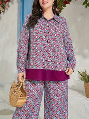 Geometric Print Blouse & Wide Leg Pants Set