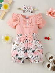 3pcs Baby Infant Girls Casual Onesie & Floral Shorts Set