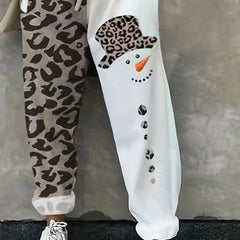 Colorblock Leopard & Snowman Print Fitness Pants