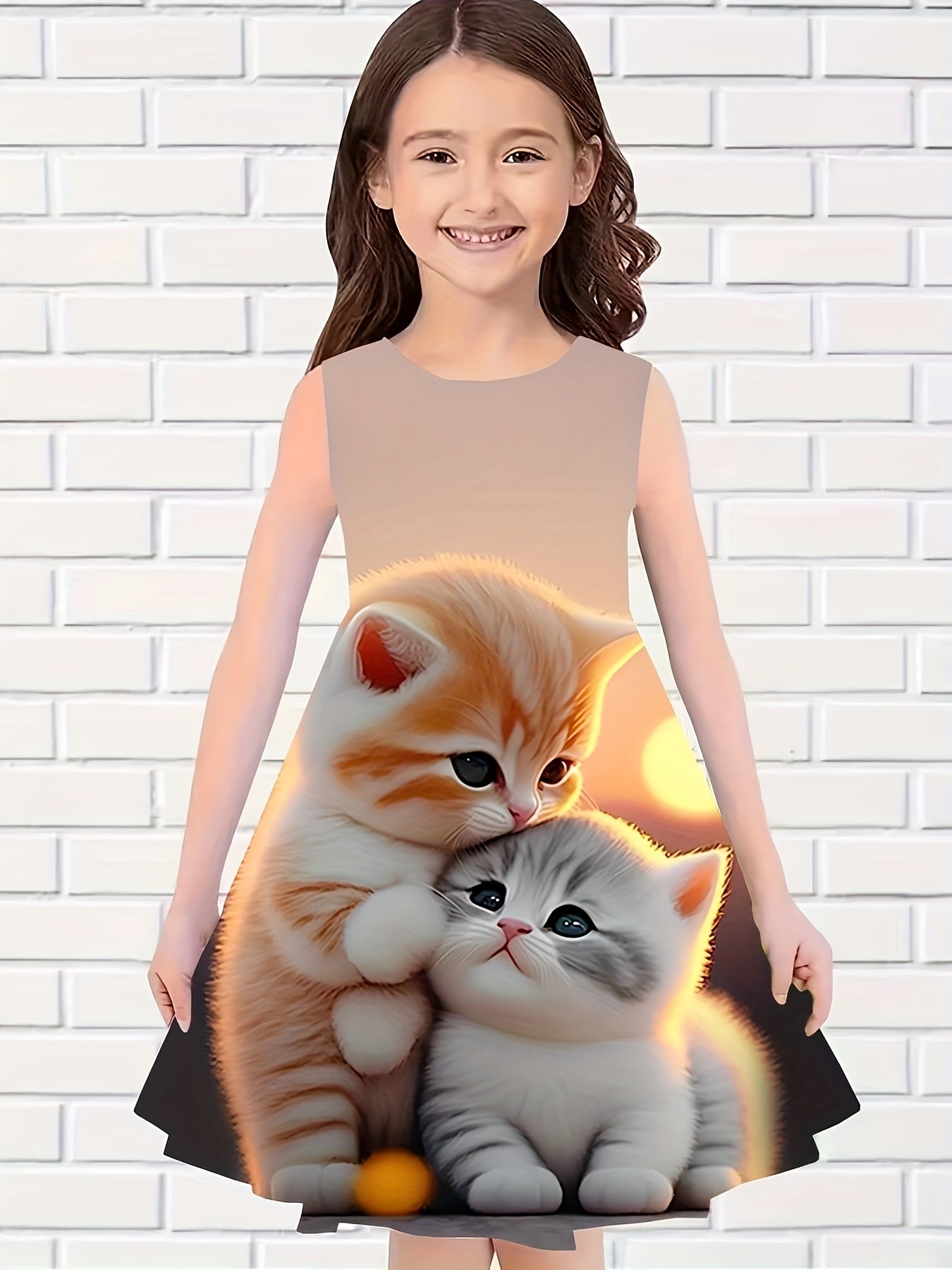 Girls Sunset Cat Sleeveless Dress