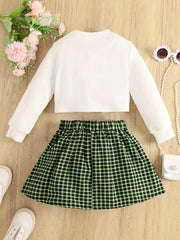 Girl's 2pcs Solid Sweatshirt & Plaid Skirt Set Preppy Style Kids Clothes