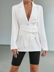 Waist Belt Slim Fit Blazer Coat Long Sleeve Loose Mid Length Outerwear