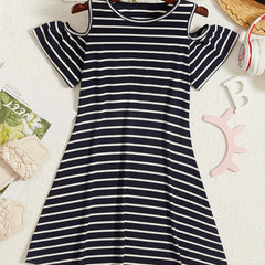 Comfy Striped Cold Shoulder Summer Dress Classic Style Youth Girl Casual Dresses