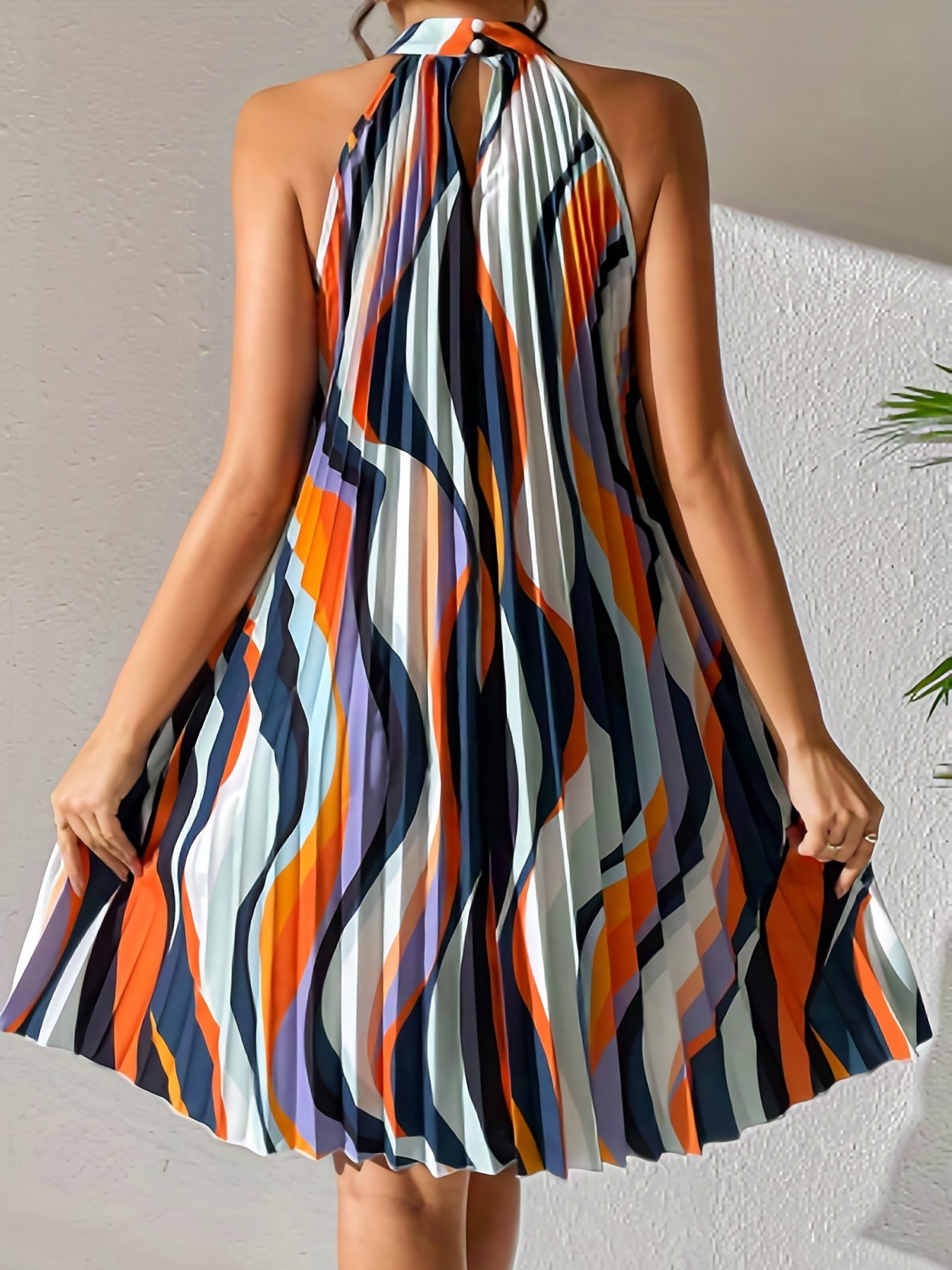 Pleated Halter Neck Dress Sleeveless Summer & Spring Casual Dress