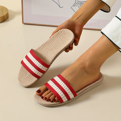 Women's Striped Linen Slides Breathable Open Toe Non Slip Shoes