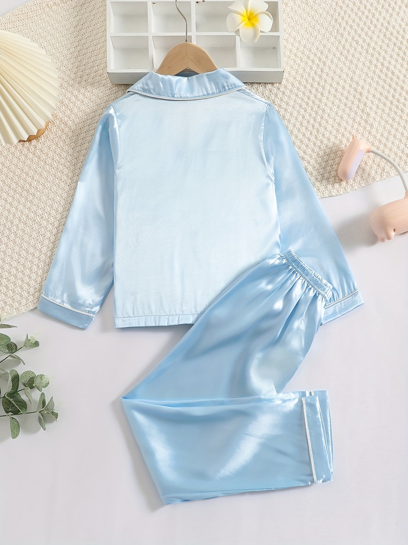 2pcs Girls Pale Pinkish Gray Pajamas Set Long Sleeve Tops & Pants