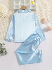 2pcs Girls Pale Pinkish Gray Pajamas Set Long Sleeve Tops & Pants