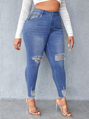 Washed Ripped Fringe Trim Skinny Jeans