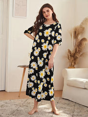 Flower Print NightDress Short Sleeve Pajama Dress Women's Sleepwear