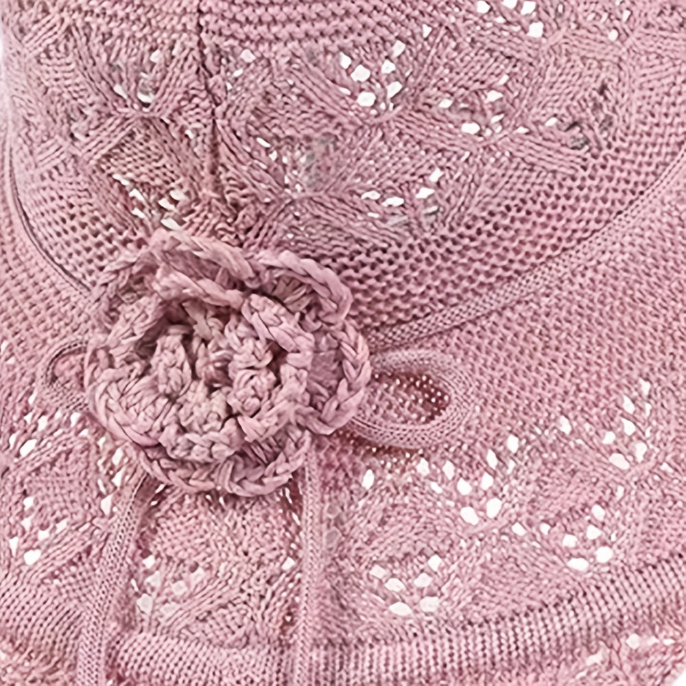 Pink Knitted Flower Sun Hat Hollow Breathable Foldable Bucket Hat