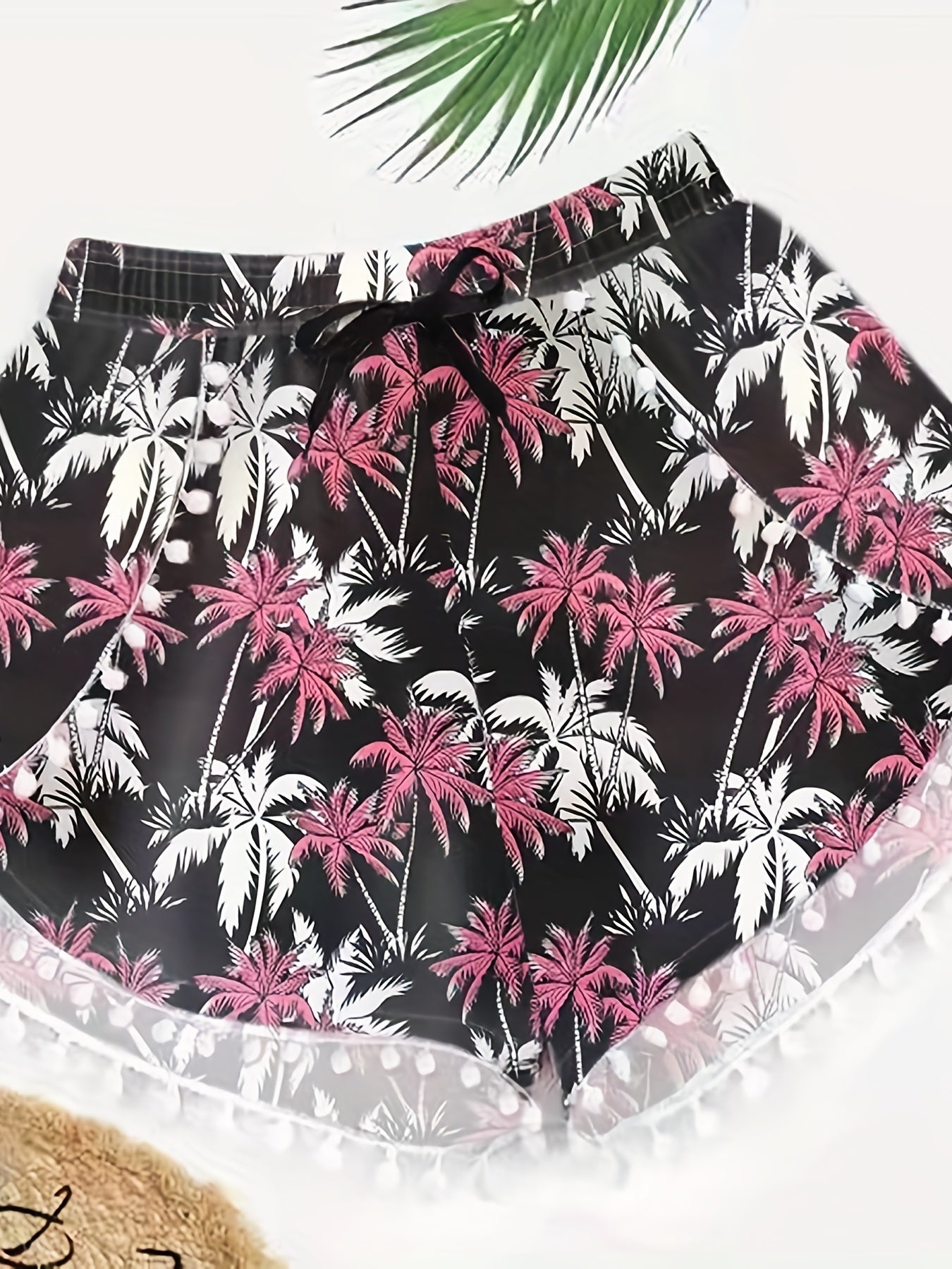 Coconut Tree Print Bow Knot Front Plus Size Vacay Shorts Women's Plus