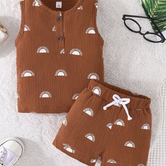 Baby Boys Summer Sun Graphic Outfit Vest Top & Shorts Kids 2pcs Set