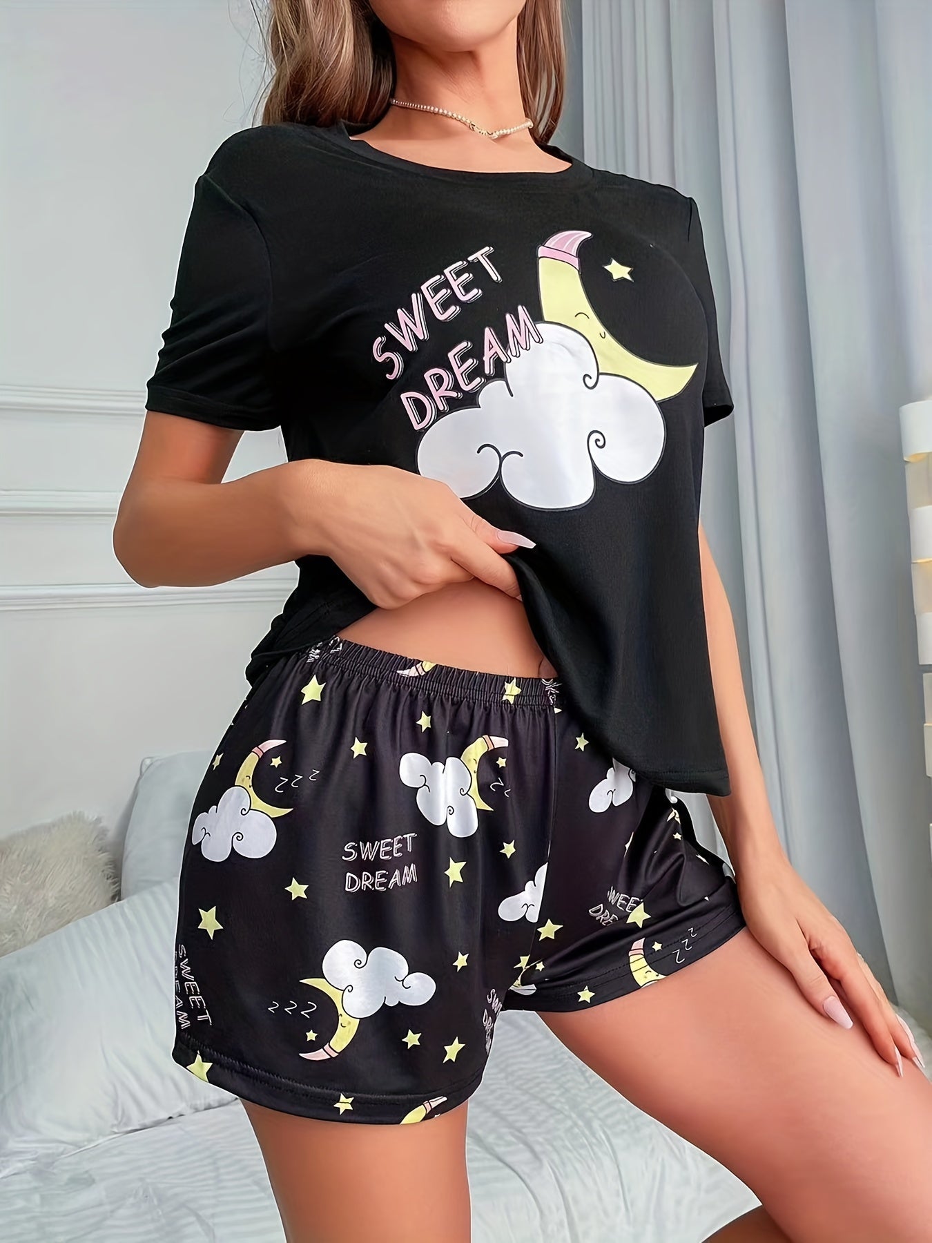 Starry Print Pajama Set Short Sleeve Crew Neck Top & Shorts
