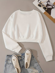 Solid Crop Pullover Sweatshirt Long Sleeve Crew Neck for Spring & Fall