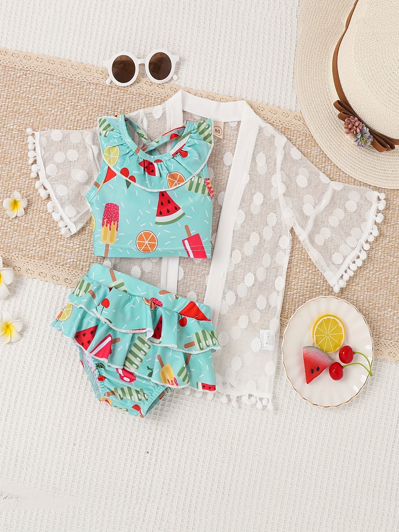 3pcs Watermelon Graphic Tank Top & Trunk & Cover Swimsuit Set