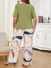 V Neck Top & Leaf Print Pants Pajama Set