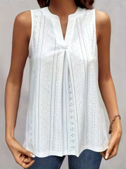 Eyelet Pleated Tank Top V Neck Sleeveless Summer Top