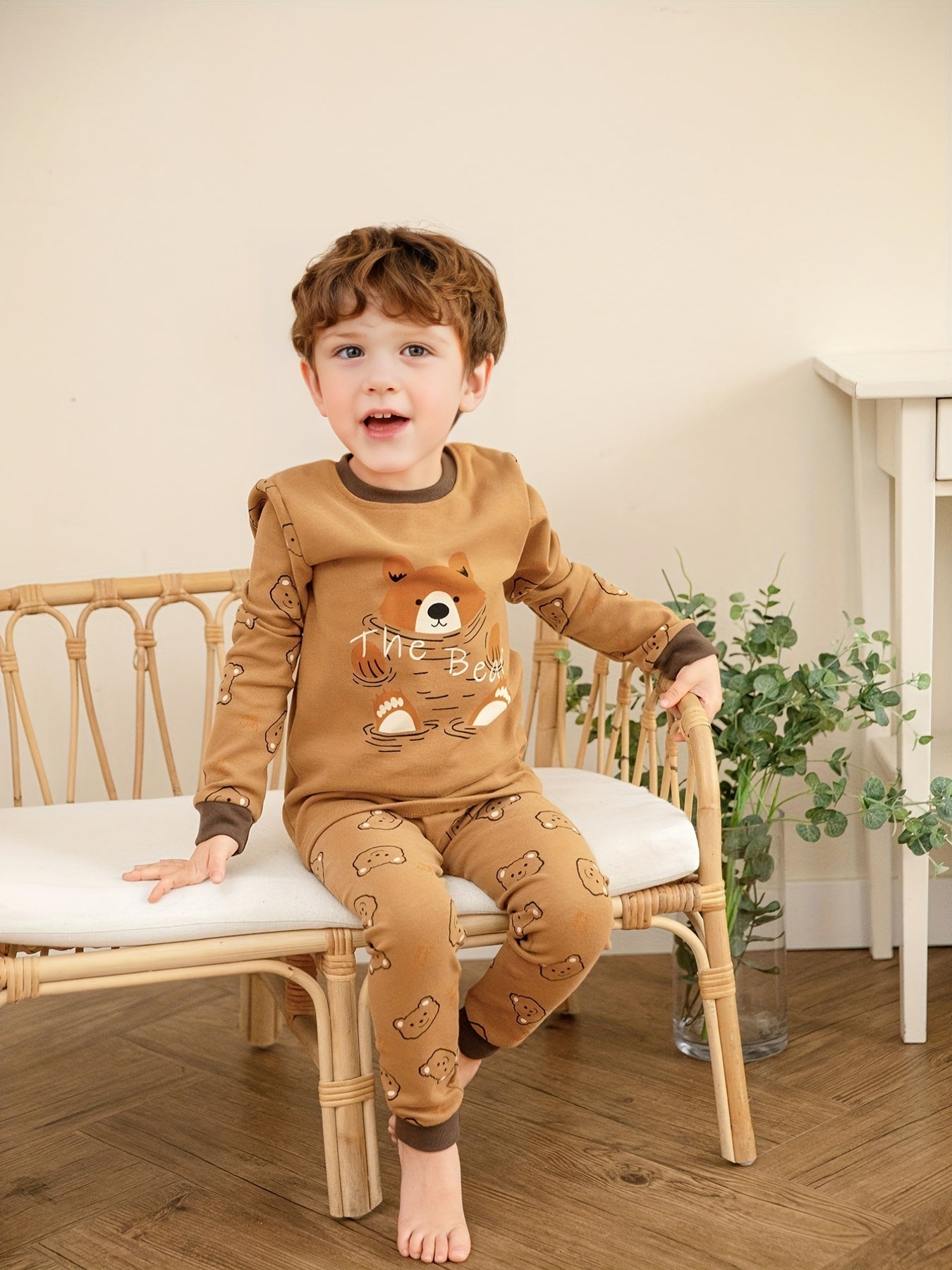 Boys Bear Print Long Sleeve Top & Trousers Cotton Pajamas Set