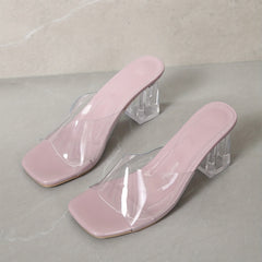 Women's Crystal Chunky Heel Sandals Square Toe Transparent Strap Heels