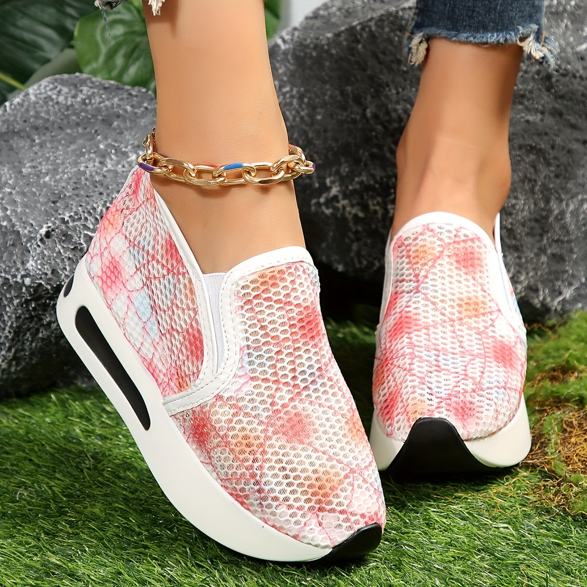 Women's Spider Web Pattern Wedge Sneakers Mesh Slip On Walking Shoes