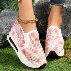 Women's Spider Web Pattern Wedge Sneakers Mesh Slip On Walking Shoes