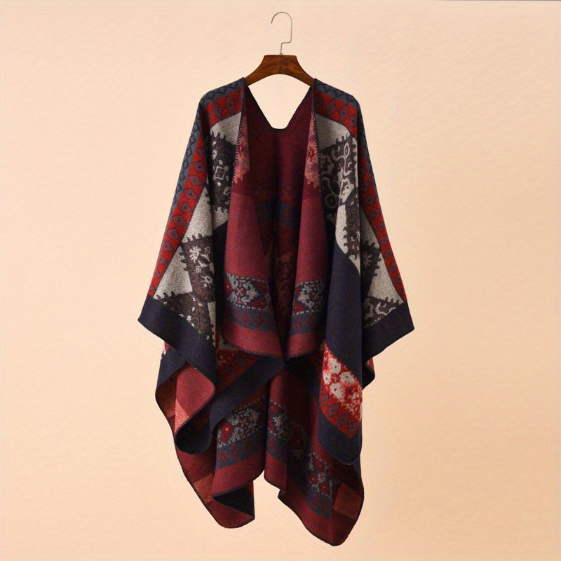 Geometric Print Shawl Wrap Warm Sunscreen Windproof Poncho Cape