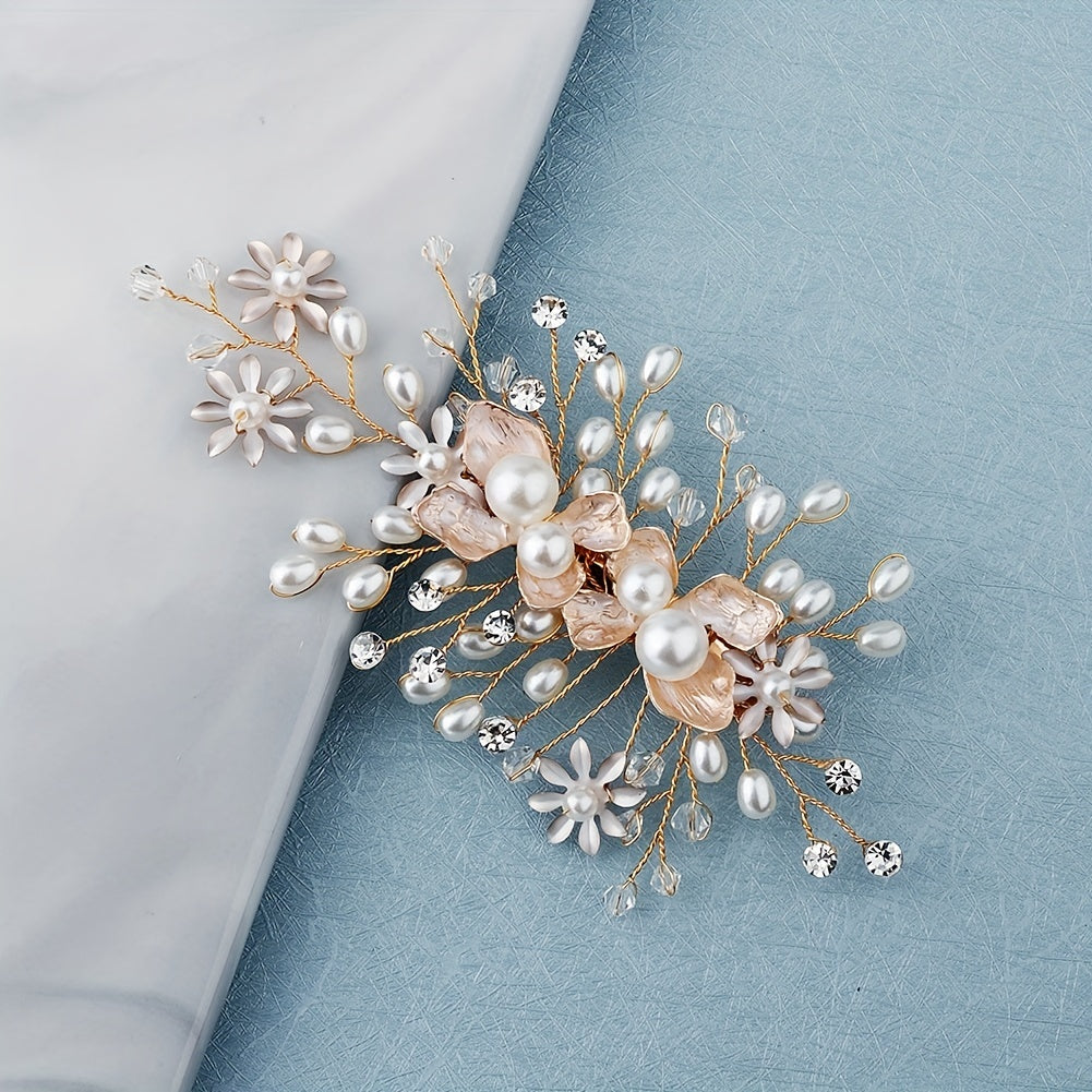 Flower Charm Braided Hair Clip Rhinestone & Faux Pearl Decor Barrette