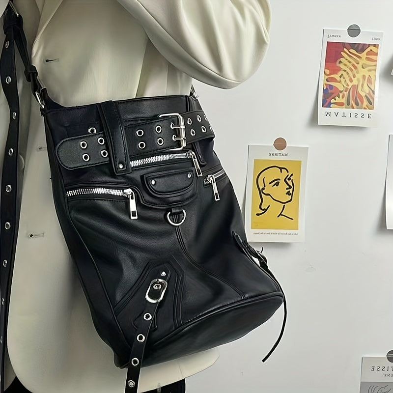 Punk Style Crossbody Bag Eyelet Belt Decor Hobo Bag