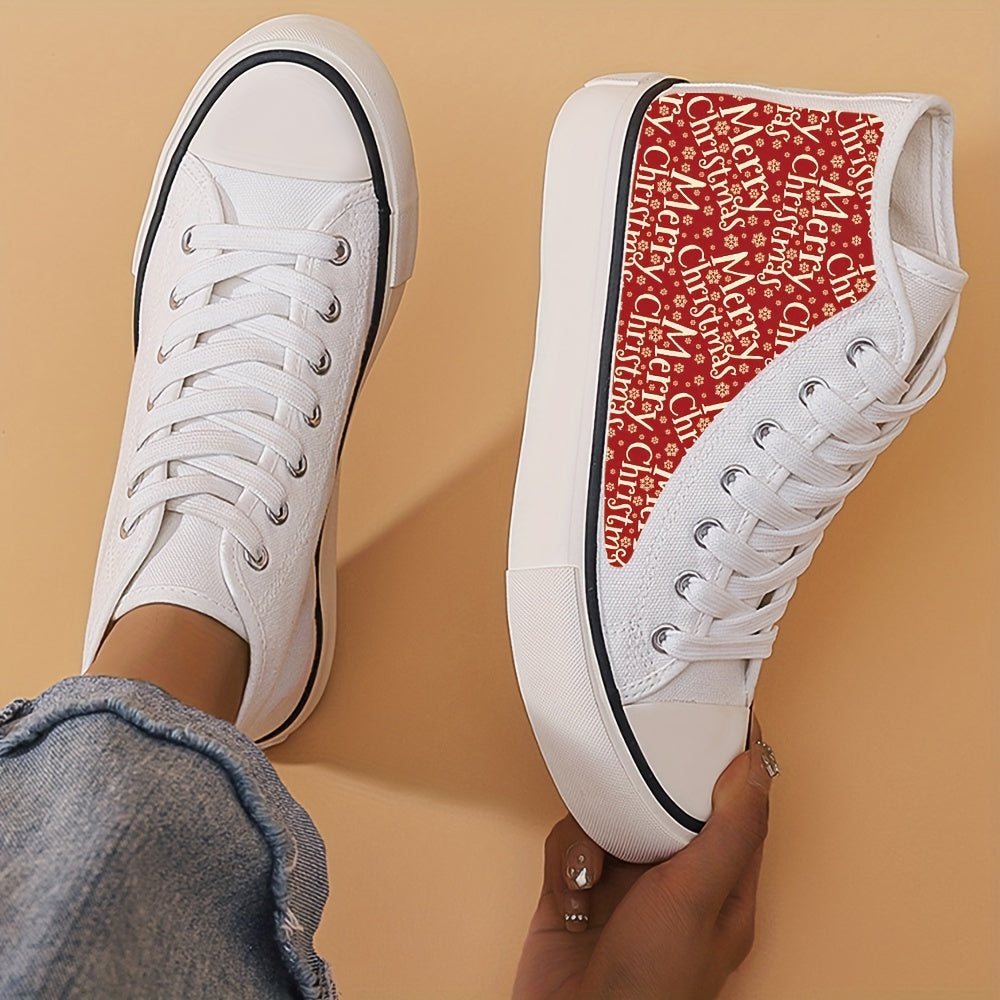 Christmas Print Chunky Canvas Sneakers High Top Classic Skate Shoes