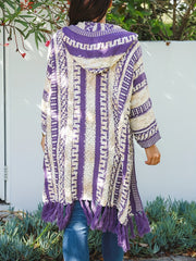 Geometric Print Tassel Trim Hooded Cardigan