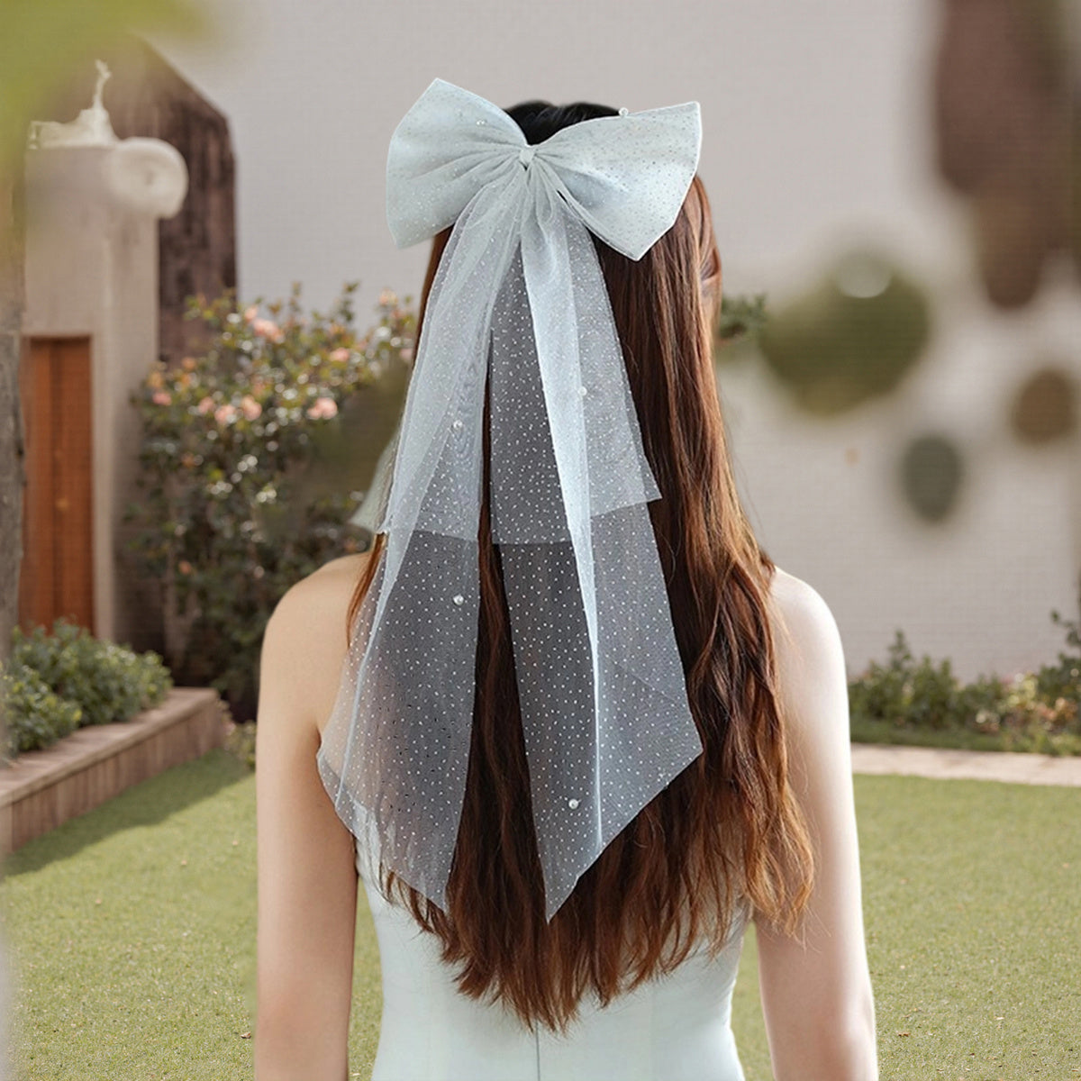 Bridal Hair Bow with Mesh Veil for Wedding Prom Party