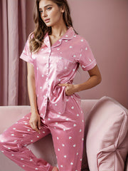 Heart Print Pajama Set Short Sleeve Top & Pants Women's Sleepwear
