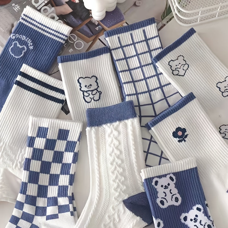 Bear Print Crew Socks Plaid Stockings 6 8 10 Pairs