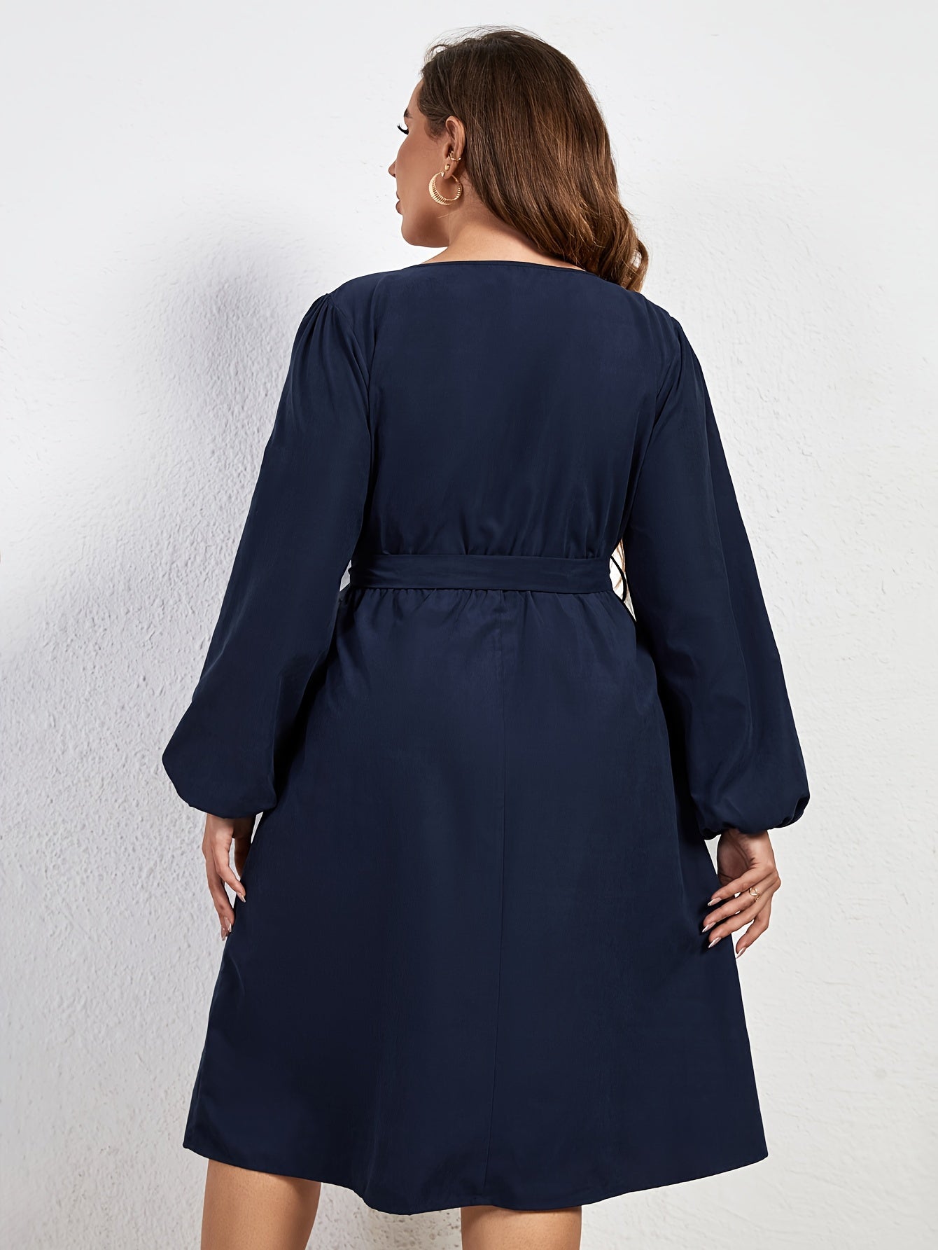 Women's Plus Size Button Decor Lantern Sleeve Round Neck Dress