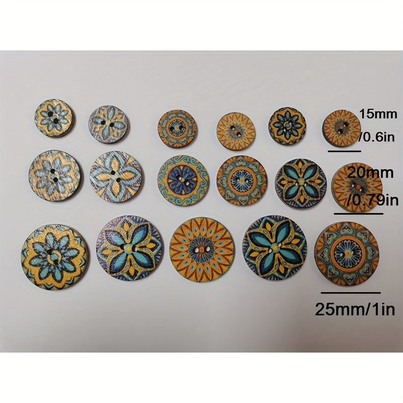 100pcs Wooden Sewing Buttons Flower Painting Round 2 Hole Bohemian Buttons